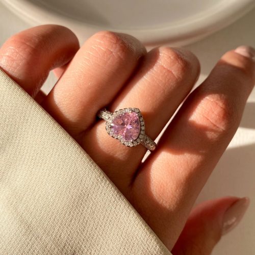 انگشتر نقره ای قلب صورتی نگین دار فری سایز