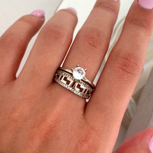 انگشتر نقره ای دو لاین نازک و ضخیم نگینی