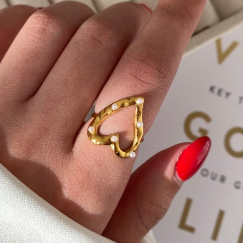 انگشتر قلب طلایی مرواریدی استیل