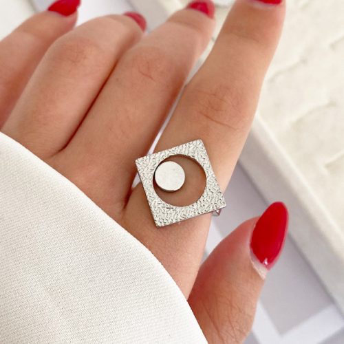 انگشتر مربع دایره نقره ای استیل