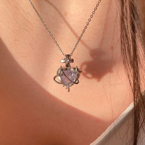 گردنبند قلب استیل و نگین نقره ای