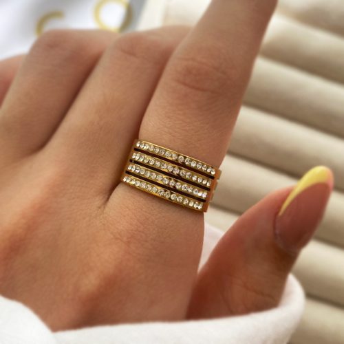 انگشتر طلایی چهار لاین نگینی استیل