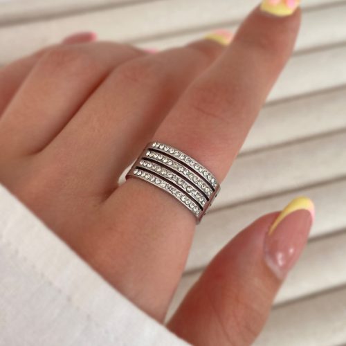 انگشتر نقره ای چهار لاین نگینی استیل