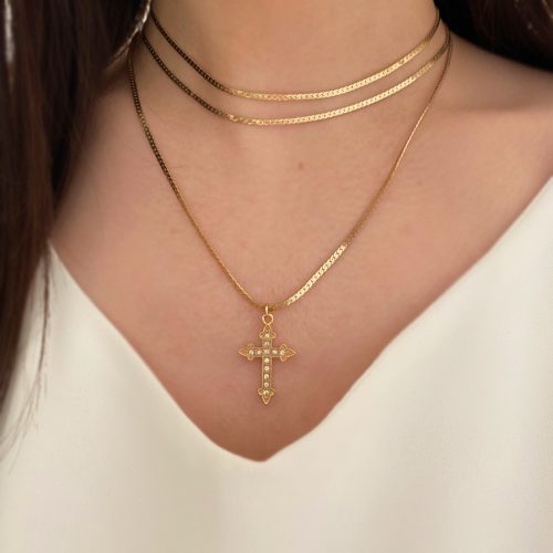 گردنبند سه لاین صلیب نگینی طلایی