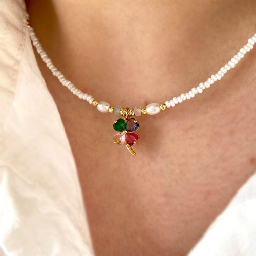 گردنبند مرواریدی سفید شبدر نگینی تابستانی