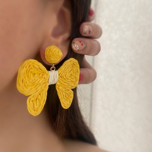 گوشواره پروانه پاپیون زرد حصیری تابستانی