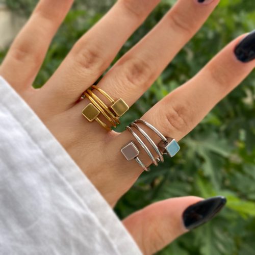 انگشتر استیل دو مکعب طلایی و نقره ای