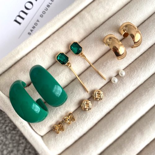 گوشواره طلایی و سبز پک شش تایی