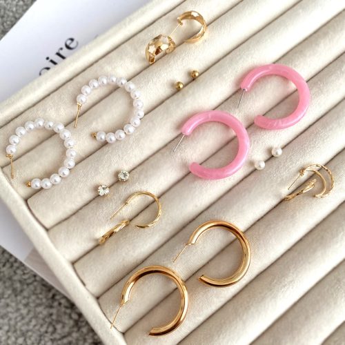 گوشواره پک نه تایی طلایی و صورتی و مرواریدی