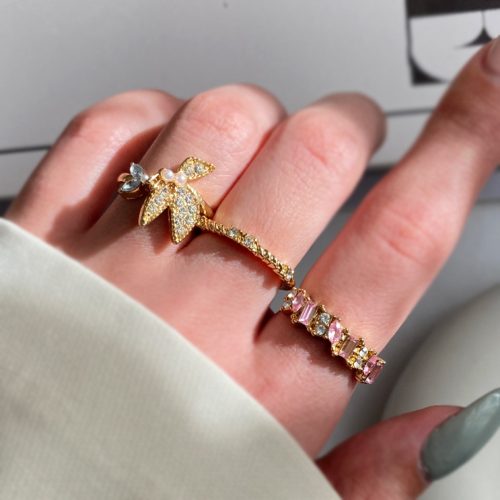 انگشتر پک سه تایی طلایی نگینی صورتی