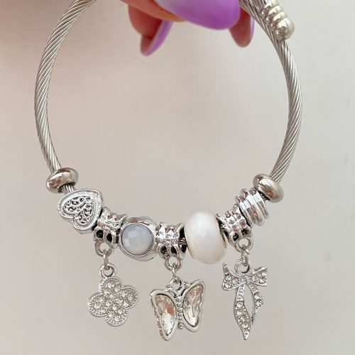 دستبند سفید چارم پروانه و پاپیون استیل دخترانه