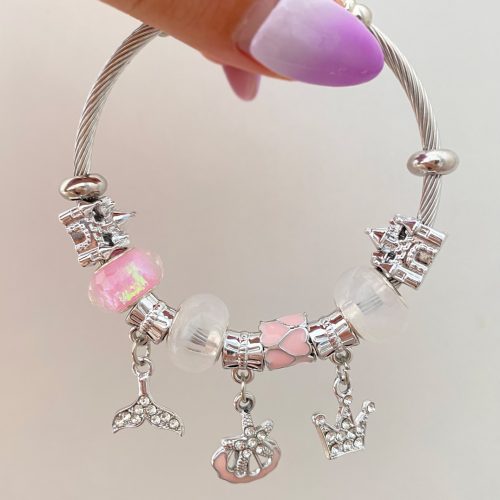 دستبند صورتی و سفید چارم استیل دخترانه