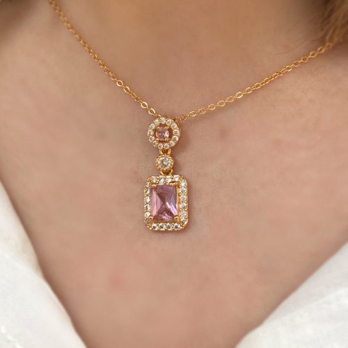 گردنبند طلایی نگین جواهری صورتی