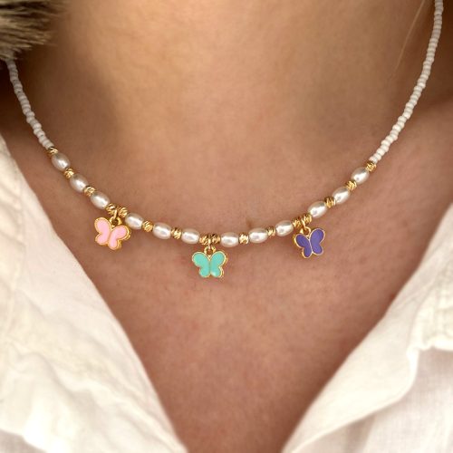 گردنبند مرواریدی پروانه های پاستیلی تابستانی