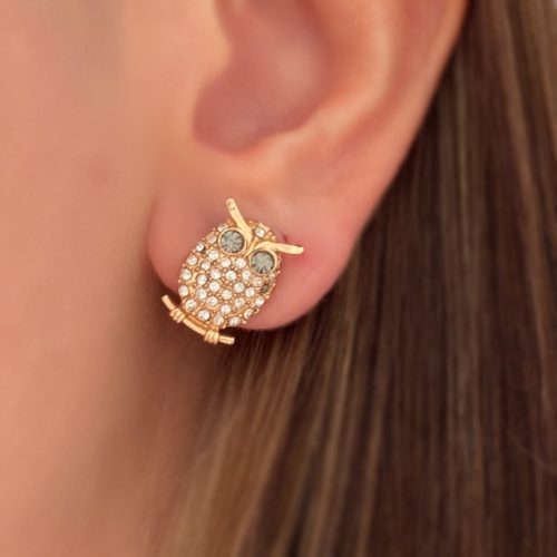 گوشواره جغد طلایی نگین سفید