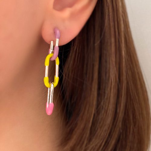 گوشواره صورتی و زرد زنجیری