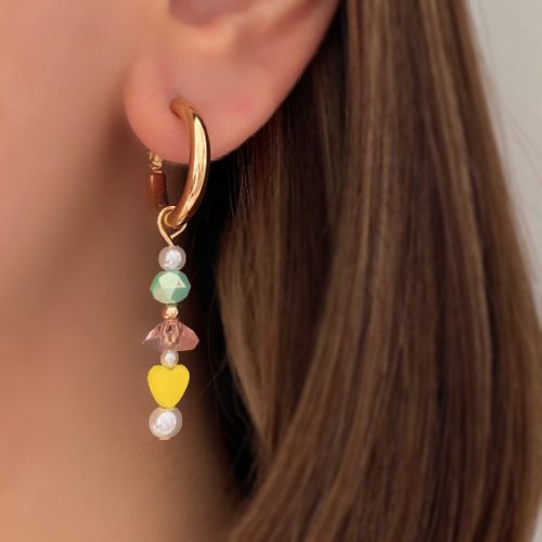 گوشواره مروارید و کریستال های زرد سبز و صورتی