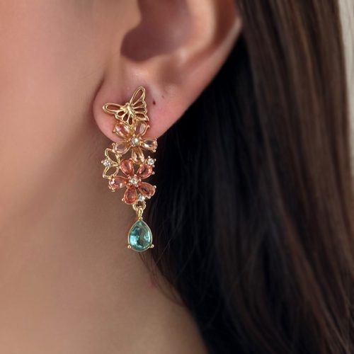 گوشواره پروانه و گل کریستالی طلایی و گلبهی