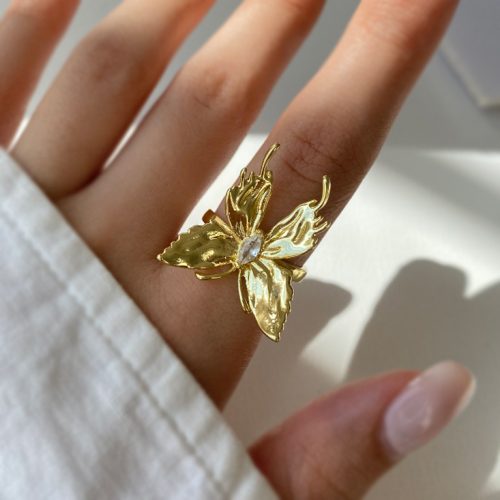 انگشتر پروانه طلایی با تک نگین فری سایز استیل