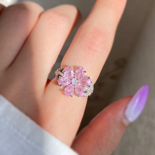 انگشتر گل صورتی نگینی