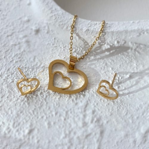 نیم ست گردنبند و گوشواره قلب طلایی استیل