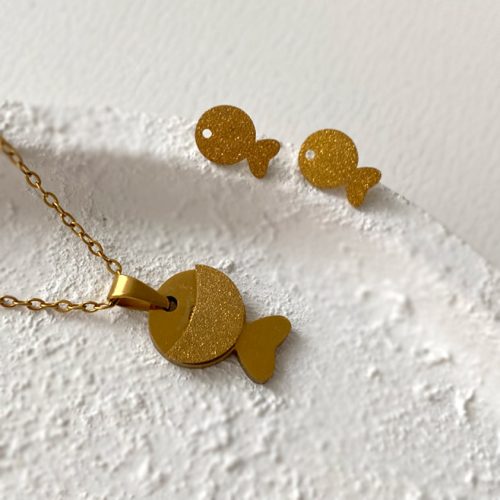 نیم ست گوشواره و گردنبند ماهی طلایی ساده استیل