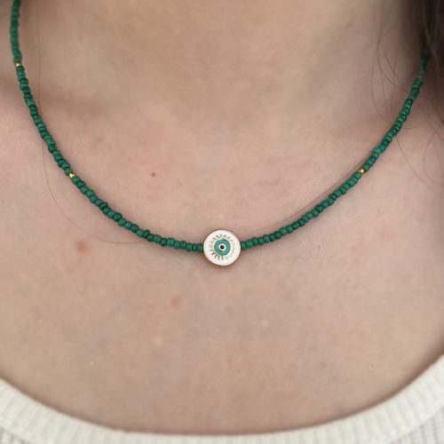 گردنبند منجوقی سبز با پلاک چشم سبز