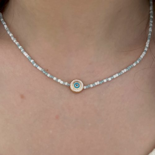 گردنبند منجوقی سفید آبی با پلاک چشم فیروزه ای تابستانی