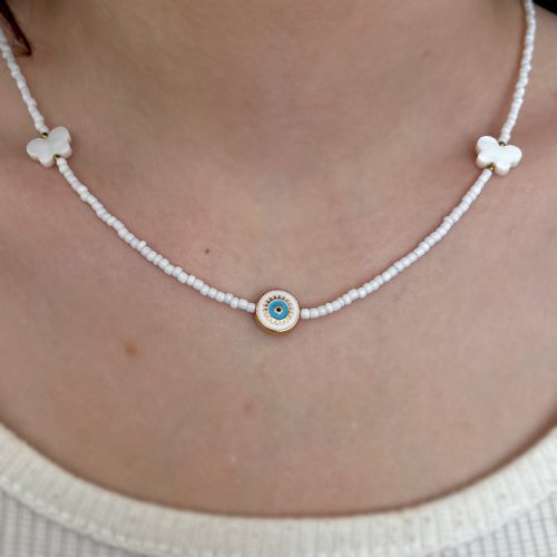 گردنبند منجوقی سفید با پلاک آبی و پروانه تابستانی