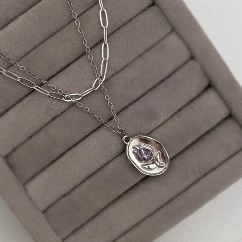گردنبند گل لاله نقره ای با نگین بنفش دو لاین