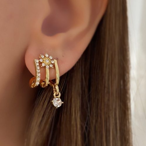 گوشواره سه لاین و گل طلایی و نگینی