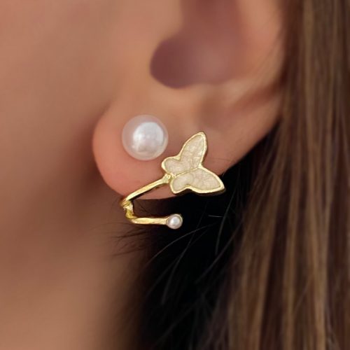 گوشواره پروانه و مروارید سفید طلایی