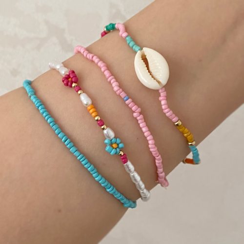 دستبند پک چهار تایی رنگارنگ صورتی و آبی گل و صدف