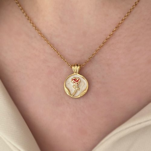 گردنبند طلایی دایره ای گل سرخ