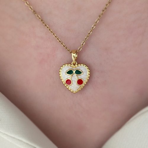 گردنبند قلب طلایی آلبالو قرمز با سنگ سفید
