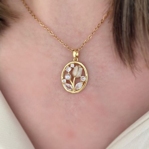 گردنبند گل رز سفید و طلایی نگینی دایره ای ظریف