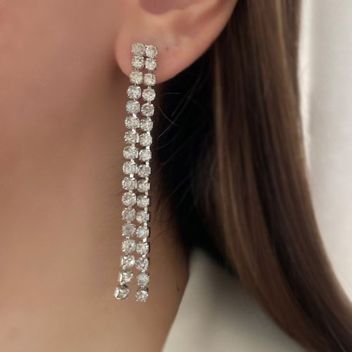 گوشواره آویز دو لاین نقره ای نگینی