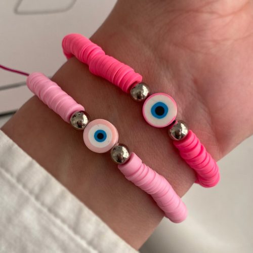 دستبند منجوقی صورتی کم رنگ و پر رنگ با طرح چشم نظر