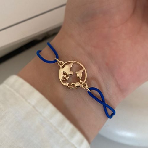 دستبند نخی آبی طرح کره ی زمین طلایی