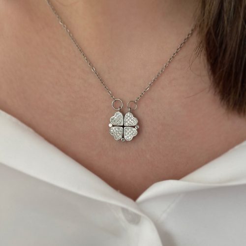 گردنبند نقره ای چهار قلب باز شو استیل نگینی