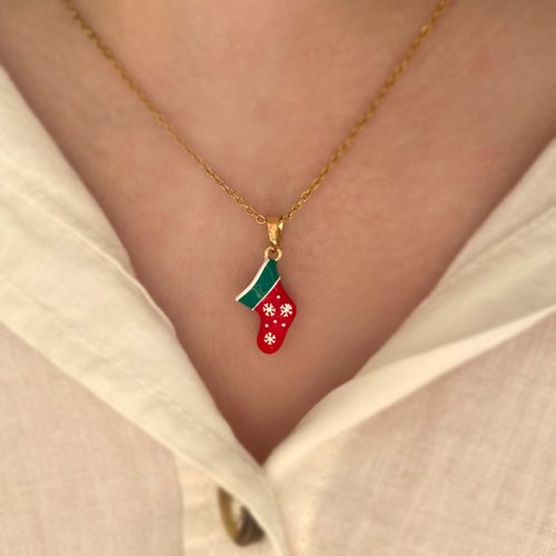 گردنبند کریسمسی طرح جوراب قرمز و سبز برفی