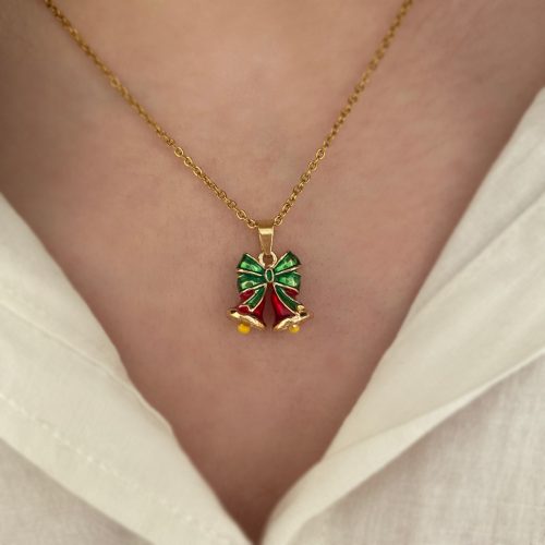 گردنبند کریسمسی طرح زنگوله و پاپیون قرمز و سبز