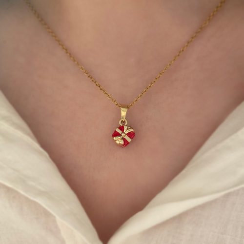 گردنبند کریسمسی طرح کادو قرمز با پاپیون طلایی