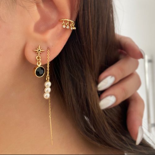 پک گوشواره و ایرکاف طلایی و مشکی و مروارید سفید