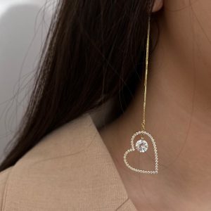 گوشواره آویز قلب نگینی طلایی