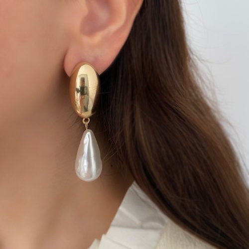 گوشواره قطره طلایی و سنگ مروارید سفید